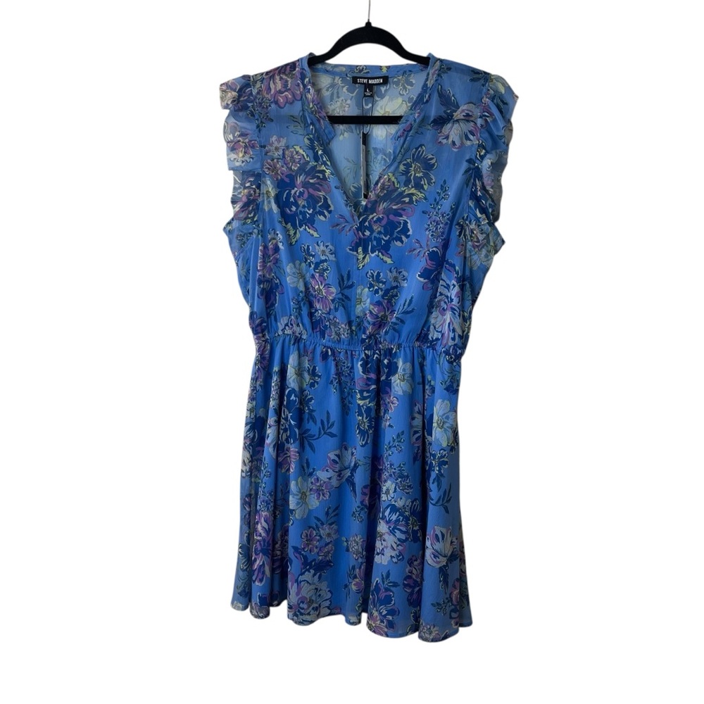 Steve Madden Allie Floral Blue Dress Sz L - Picture 2 of 11